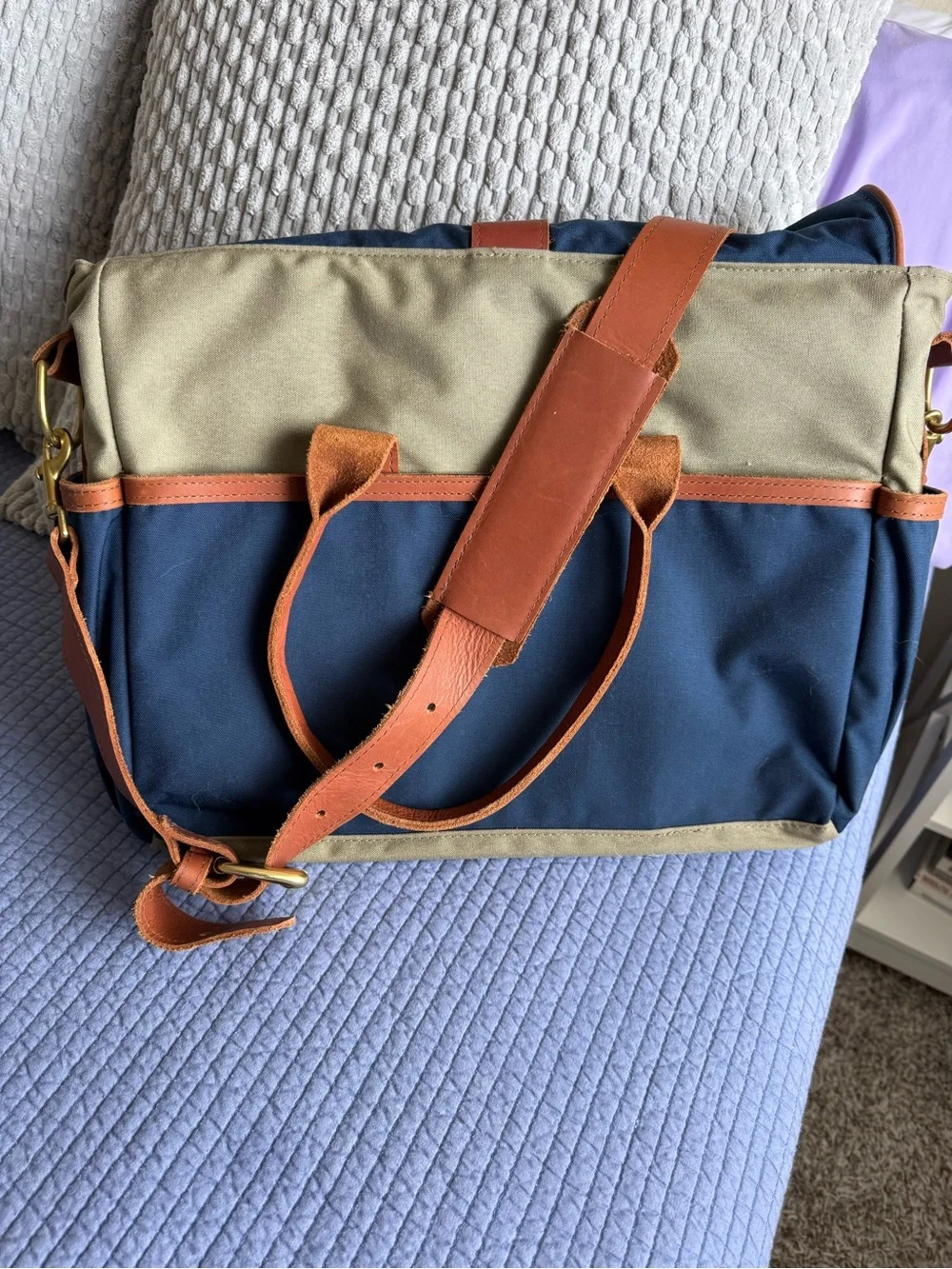 Sword & Plough USA Canvas & Leather Briefcase Messenger Bag Blue Tan
